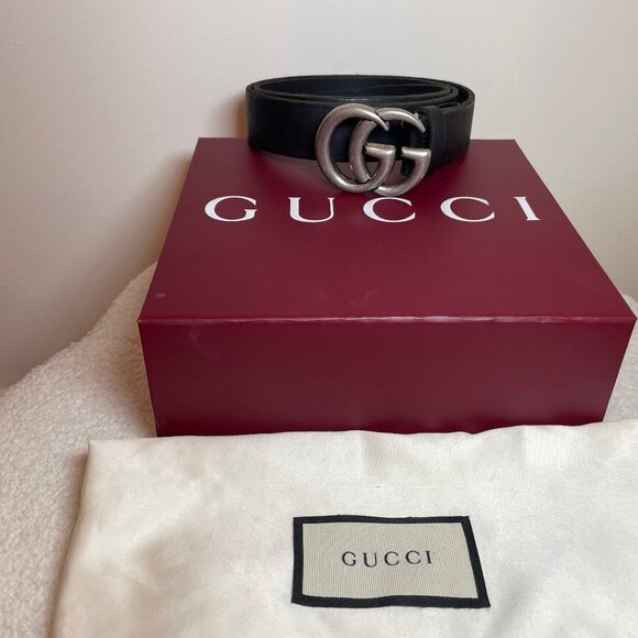 Authentic Gucci Marmont Double GG Raw Edge Black Leather Belt 414516 90/36 - Picture 2 of 9